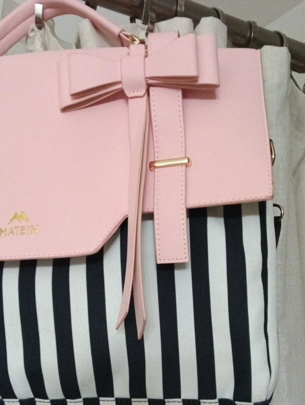 Pink Bow Satchel with Black & White Stripes